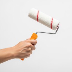 Obraz premium Person holding a paint roller with white paint and an orange handle isolated on white background