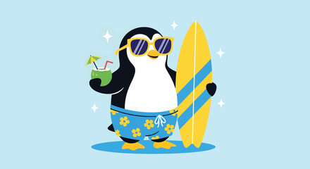 Cool Penguin Ready for Summer Surfing Adventure. © NFS Studio