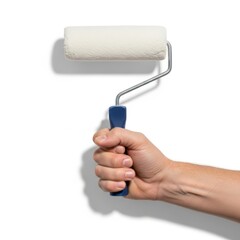 A person holding a paint roller with a white roller cover against a white background isolated on white background