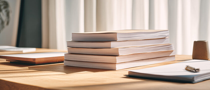 A neat stack of notebooks or journals sits on a wooden desk, bathed in warm sunlight with a clipboard and cork in the background.
