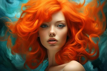Obraz premium Beautiful woman portrait featuring fiery red hair and captivating blue eyes