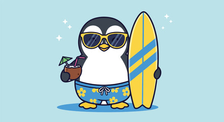 Cute Penguin Surfer with Sunglasses and Coconut Drink. © NFS Studio