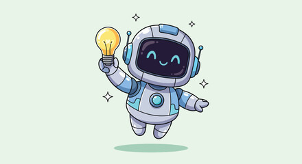 Fototapeta premium Cute Robot Mascot Character Holding Light Bulb Idea.
