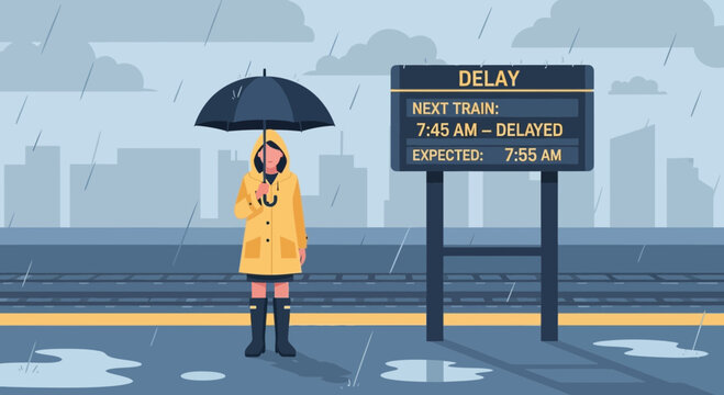 Woman in yellow raincoat holding umbrella waiting for delayed train.