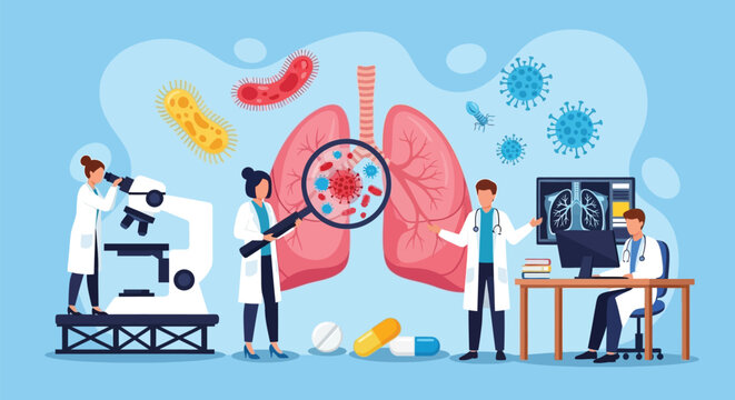 Medical professionals examining lungs and bacteria with microscope and magnifying glass, illustrating disease research and healthcare science with viruses and medical technology