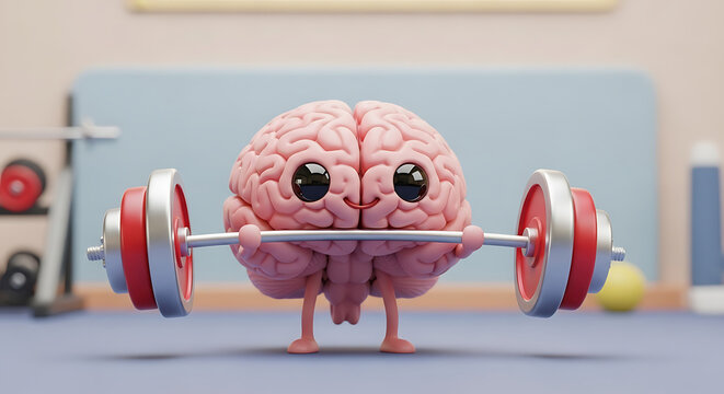 A cartoon brain character lifting weights, symbolizing mental fitness and brain training with a positive and fun approach