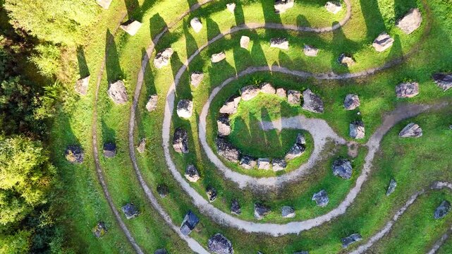 Aerial 4K Drone Footage of the Touchstone Maze Labyrinth in Strathpeffer, Scottish Highlands - Geological Stone Circle with Astronomical Alignment