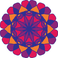 Colorful vibrant mandala with pink orange and blue overlapping petals for modern artwork