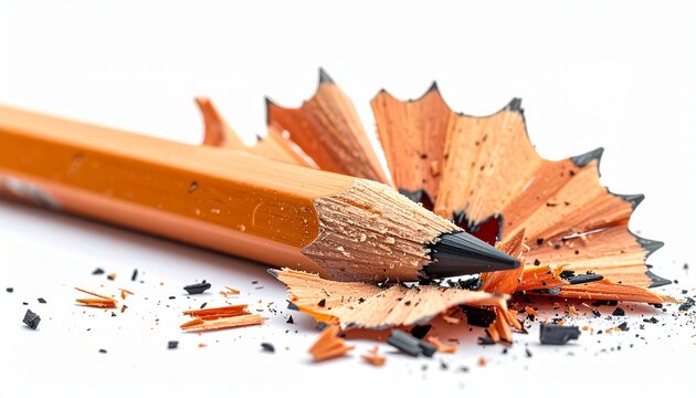 Broken pencil with sharp fragments visible, concept of mistake or failure, realistic macro photography, sharp detail, studio lighting, isolated on pure white background