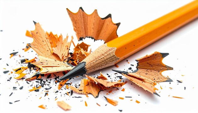 Broken pencil with sharp fragments visible, concept of mistake or failure, realistic macro photography, sharp detail, studio lighting, isolated on pure white background