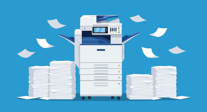 Document printer, flying paper sheets. copier machine for office work, printing or scanning large amounts of paper document management
