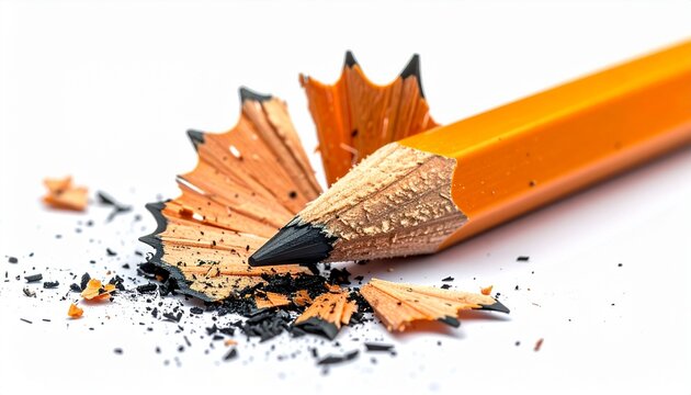 Broken pencil with sharp fragments visible, concept of mistake or failure, realistic macro photography, sharp detail, studio lighting, isolated on pure white background
