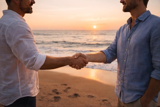 Startup founders handshake on tropical beach at sunset wearing casual linen shirts, relaxed business meeting, entrepreneurship partnership and creative collaboration concept for modern remote work