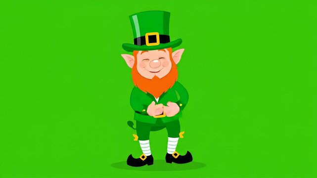 A cheerful cartoon leprechaun in a green suit and top hat dances against a solid green background. 