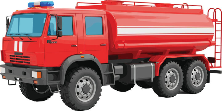 Red fire tanker truck emergency rescue vehicle side view transportation safety service flat vector illustration