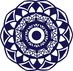 Dark blue circular mandala pattern with intricate geometric layers for yoga studio design