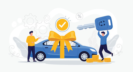 Happy man purchasing car new auto credit payment loan financial assistance discount deal buyer choice gift buying car finance car loan money mortgage © DHS