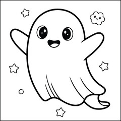 Obraz premium Halloween coloring page featuring a cute happy ghost floating with a smiling cloud