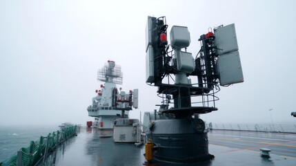 Fototapeta premium Communication Arrays and Radar View on Carrier Deck in Foggy Weather