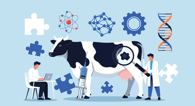 Genetic engineering and animal cloning concept scientists studying cow for livestock breeding dna molecule research medical biology experimentation innovation