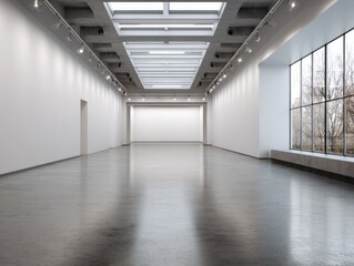 Fototapeta premium Modern art gallery with clean white walls and polished concrete floor. Large skylight floods the space with natural light. Track lighting illuminates the minimalist interior evenly