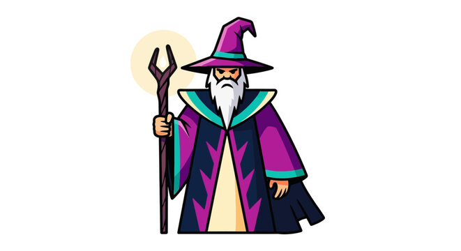Cartoon Wizard Holding Staff.