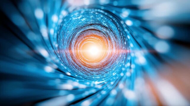 Journey Through the Fiber Tunnel: Abstract shot of an illuminated fiber optic cable tunnel, evoking a sense of forward momentum and technological advancement.