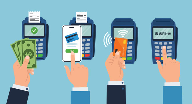 Various payment options including cash, mobile, credit card, and pin pad for point of sale transactions at a store or business