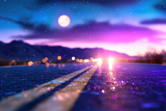 Vibrant highway scene illuminated by full moon and colorful lights, creating magical atmosphere under starry sky