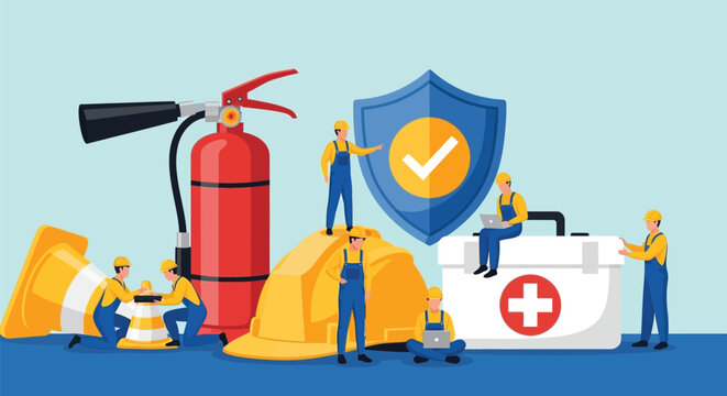 Work safety concept with tiny people working around safety equipment like hard hats fire extinguisher first aid kit and traffic cone on blue background
