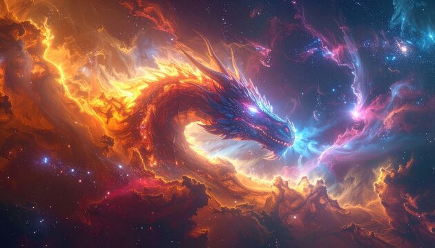 Cosmic Dragon Erupting Through Fiery and Starry Nebulae