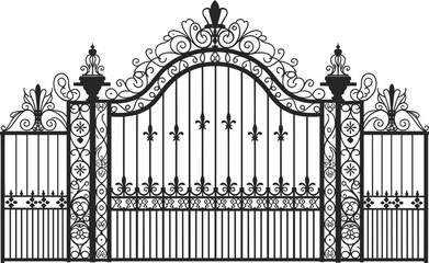 Luxury ornamental wrought iron gate with decorative scrollwork and fleur de lis elements elegant vintage entrance fence architectural metal vector illustration ©  Alexander Creations