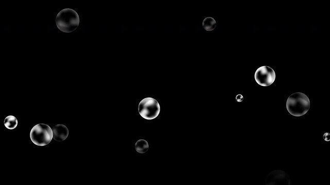 Slow motion soap bubbles floating animation on black background, seamless loop overlay.

