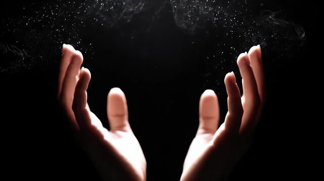 Hands Reaching Upward in Darkness, Seeking Divine Light.