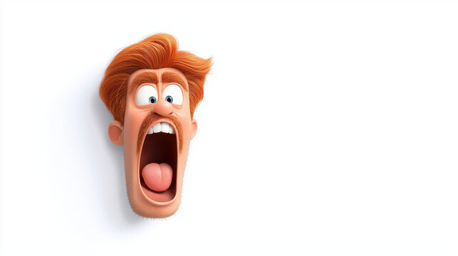Cartoon face with exaggerated features, open mouth, surprised expression, vibrant colors, playful design, humorous character