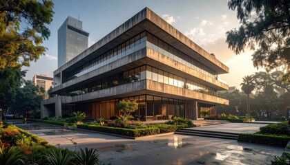 Obraz premium Brutalist Architecture Office Building Surrounded by Lush Tropical Greenery at Sunset