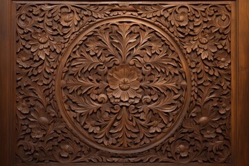Obraz premium Intricate bas relief wood carving displaying swirling leaves and central flower pattern