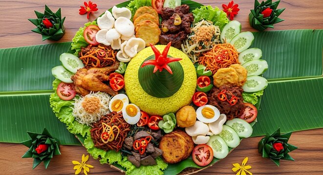 Traditional indonesian nasi tumpeng meal with diverse side dishes on banana leaf