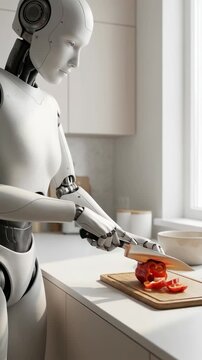 A futuristic white humanoid robot chef slicing a red pepper on a wooden cutting board in a bright modern kitchen with natural window light