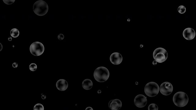 Realistic soap bubbles drifting in slow motion on black background, loopable animation effect.
