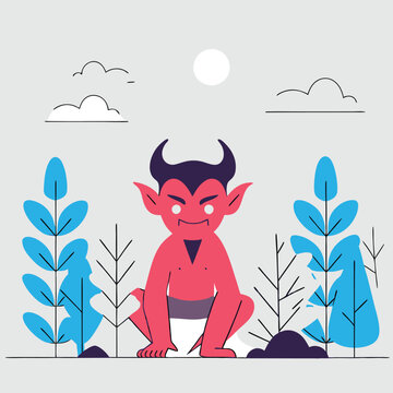 Red Demon Imp Creature Sitting in Forest by Moonlight Evil Mythical Character Scene