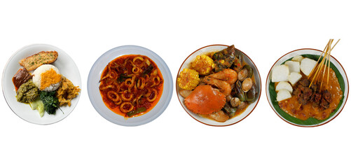 Indonesian Seafood and Traditional Food Collection with Nasi Padang, squid chili sauces, Crab...