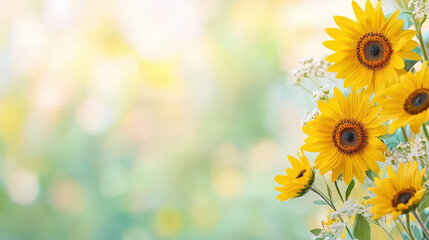 Obraz premium Bright sunflowers bloom in vibrant field, showcasing their cheerful yellow petals against soft, blurred background