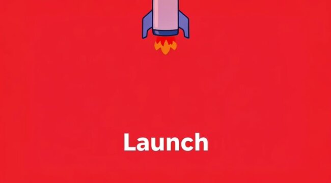 Flat style rocket icon with &ldquo;Launch&rdquo; text appears during takeoff, smooth transition animation, blue and red contrast colors, clean UI style
