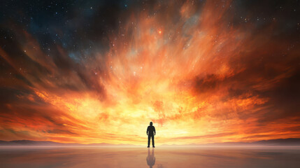 Fototapeta premium Breathtaking scene of person standing against vibrant sunset, surrounded by cosmic sky filled with stars and colorful clouds, evokes sense