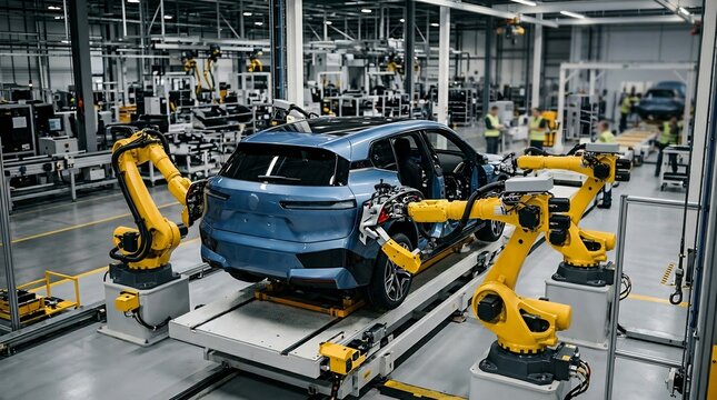 青い車と工場のロボット