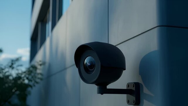 Outdoor Security Camera Mounted on a Building Wall Observing Surroundings in Daytime