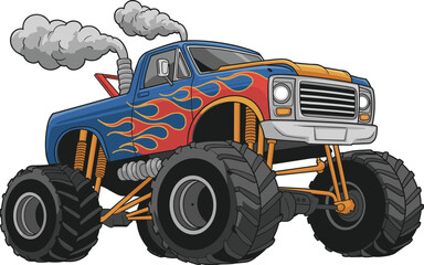 Monster truck with flame graphics cartoon vector illustration, big off road vehicle with huge tires and smoke exhaust, extreme motorsport design ©  Alexander Creations