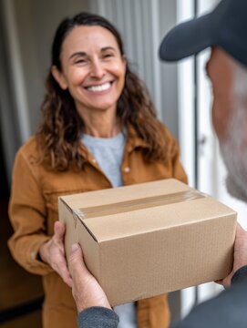 Friendly delivery person handing package to smiling customer