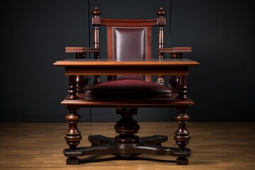 Vintage style executive armchair and writing desk combination, made of dark wood and red leather